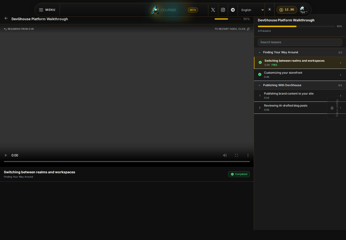 The lesson player on a finished free-preview lesson, marked Completed, with the sidebar showing which lessons in the course are done