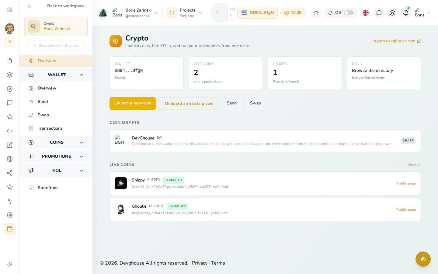 The Crypto hub inside the workspace, showing the connected Solana wallet, a coin draft, and two live launched coins
