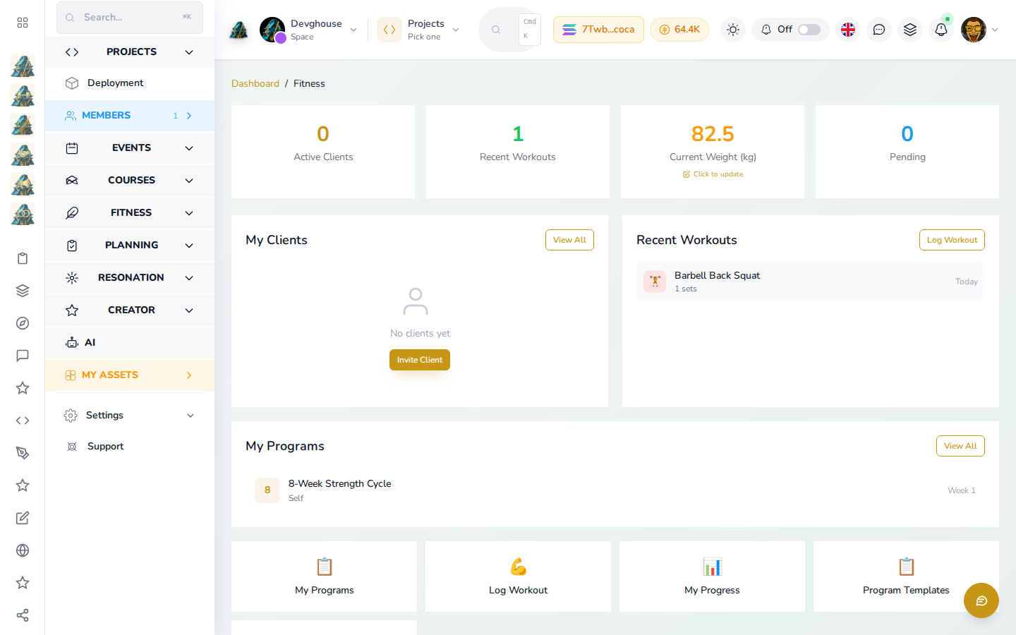 The Fitness dashboard in your workspace: an active program at Week 1 and today's logged workout