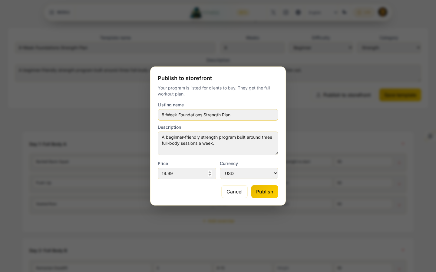 The publish dialog: listing name, description, price, and currency