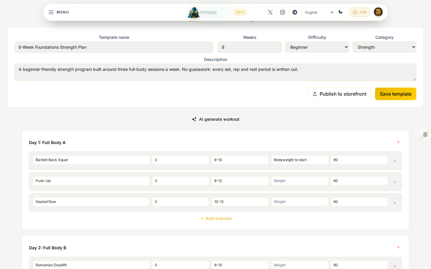 The template editor with three sections and their exercises filled in