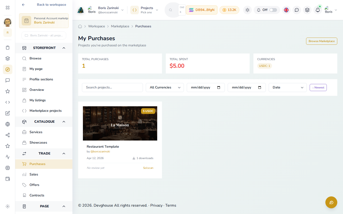 My Purchases in buyer mode, showing a real purchased Restaurant Template with its download count