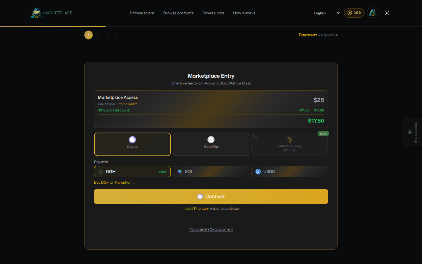 The Marketplace Entry step, showing the one-time access fee and payment options