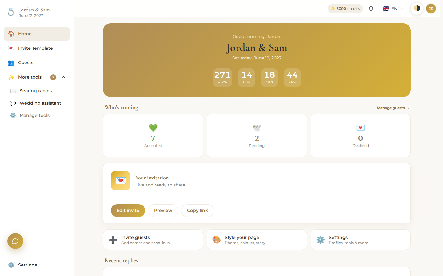 A signed-in wedding dashboard, with the countdown to the big day, Accepted/Pending/Declined stat tiles, and a live invitation card