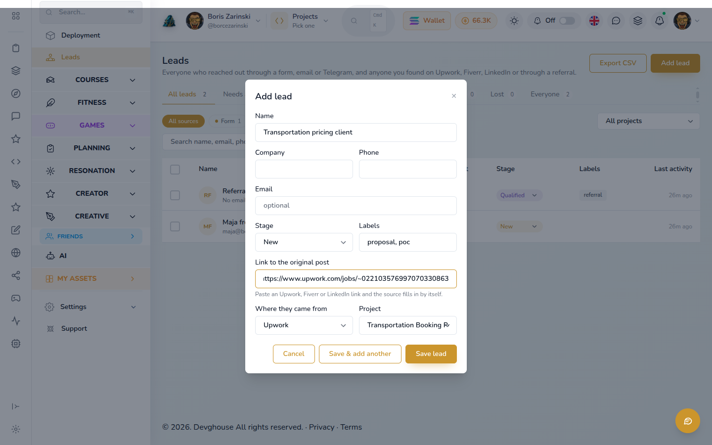 Adding an Upwork job as a lead: the job link filled Upwork in as the source and the proof of concept project is picked