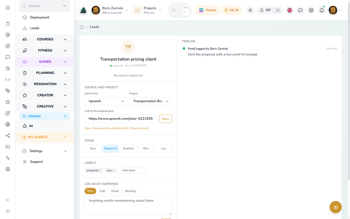 A lead's page: Upwork source, the job link with Open, the linked project, the stage and the logged email in the timeline