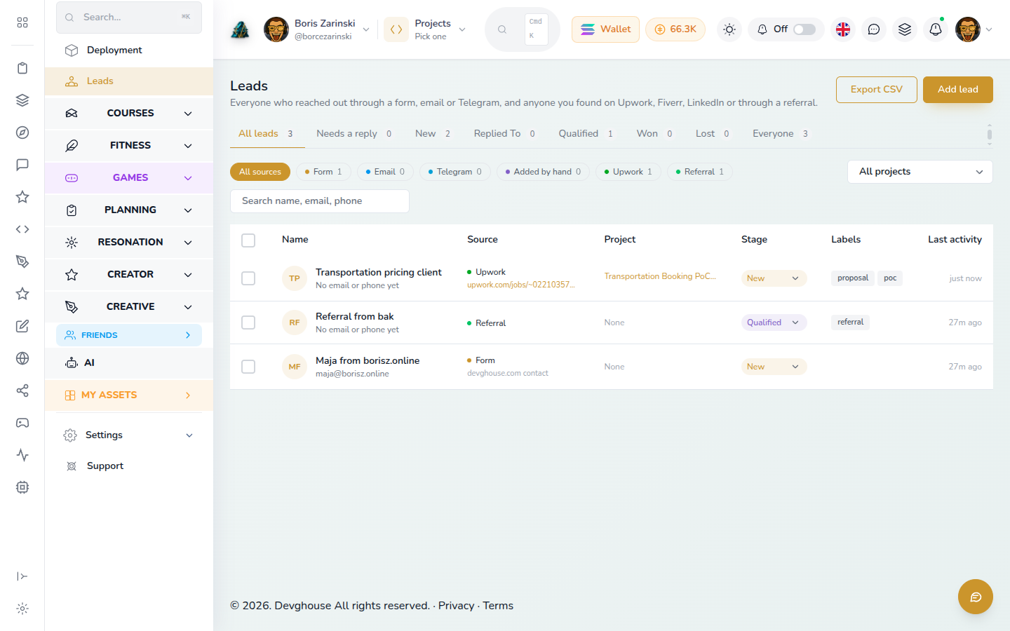 The Leads list with an Upwork lead, a referral and a form lead, each with its source and project