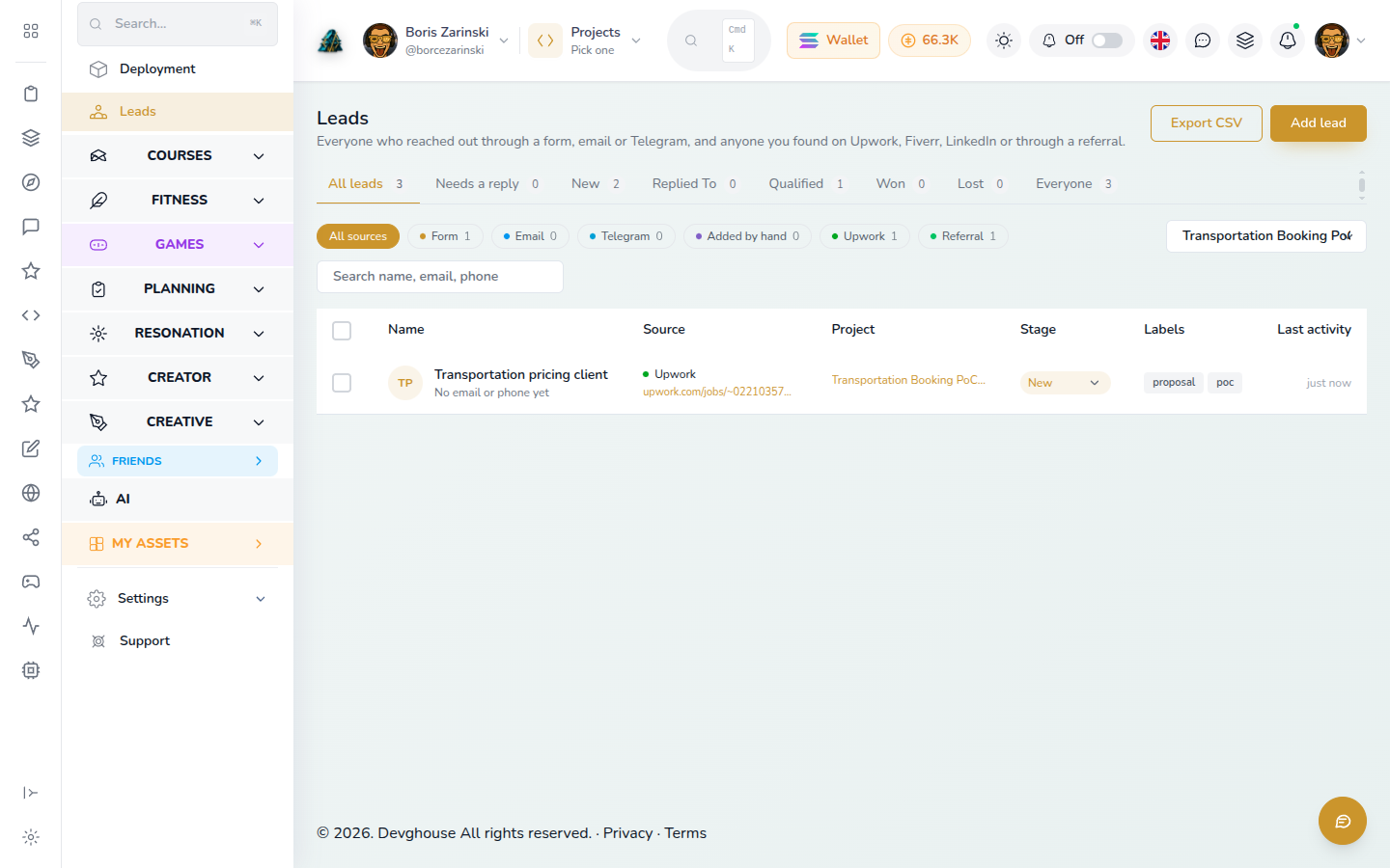 Leads filtered to the transportation booking proof of concept