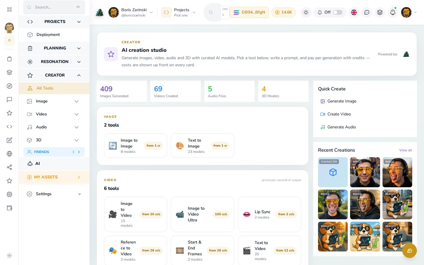Image, video, audio, and 3D generation tools on one dashboard
